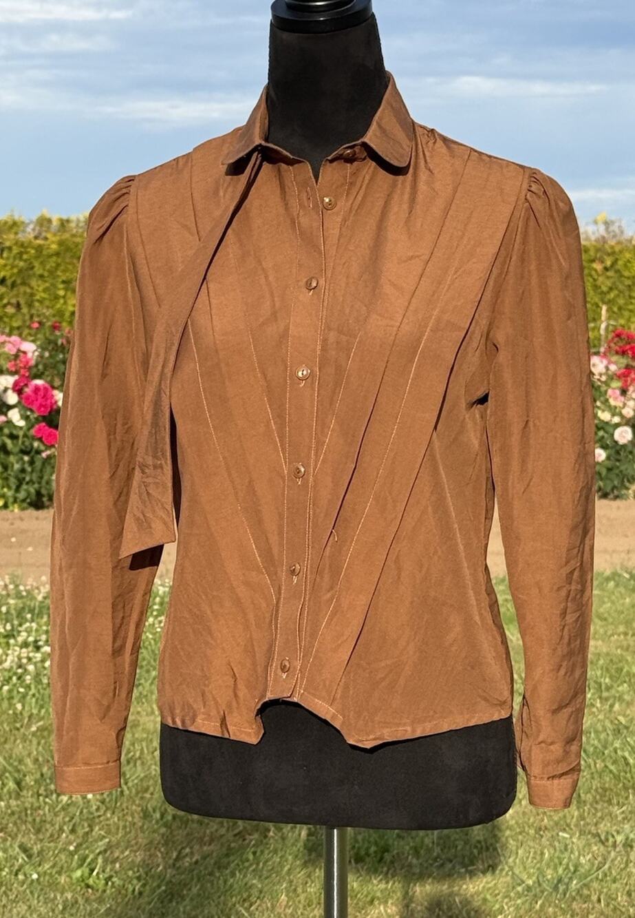 Vintage Francis Ferentz Brown Scarf Neck Blouse Japan Pleated Puff Sleeve S-M